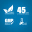 Graphic stating Finest Ingredients, 45 Years of Manufacturing, GMP Quality Product, Lab Tested