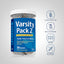 Varsity Pack 2 bottle with icons indicating it is gluten and wheat free, milk and lactose free, non-GMO, no artificial flavors.