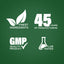Graphic stating Finest Ingredients, 45 Years of Manufacturing, GMP Quality Product, Lab Tested