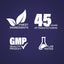 Graphic stating Finest Ingredients, 45 Years of Manufacturing, GMP Quality Product, Lab Tested