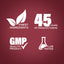 Graphic stating Finest Ingredients, 45 Years of Manufacturing, GMP Quality Product, Lab Tested