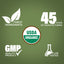 Infographic displaying Finest Ingredients, 45 Years of Manufacturing, USDA Organic certification, GMP Quality, and Lab Tested.