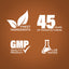 Graphic stating Finest Ingredients, 45 Years of Manufacturing, GMP Quality Product, Lab Tested