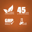 Graphic stating Finest Ingredients, 45 Years of Manufacturing, GMP Quality Product, Lab Tested