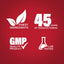 Graphic stating Finest Ingredients, 45 Years of Manufacturing, GMP Quality Product, Lab Tested