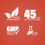 Graphic stating Finest Ingredients, 45 Years of Manufacturing, GMP Quality Product, Lab Tested