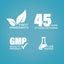 Graphic stating Finest Ingredients, 45 Years of Manufacturing, GMP Quality Product, Lab Tested