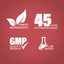 Graphic stating Finest Ingredients, 45 Years of Manufacturing, GMP Quality Product, Lab Tested