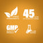 Infographic highlighting finest ingredients, 45 years of manufacturing, GMP quality product, and lab-tested assurance.