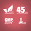 Graphic stating Finest Ingredients, 45 Years of Manufacturing, GMP Quality Product, Lab Tested