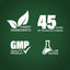 Graphic stating Finest Ingredients, 45 Years of Manufacturing, GMP Quality Product, Lab Tested