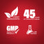 Graphic stating Finest Ingredients, 45 Years of Manufacturing, GMP Quality Product, Lab Tested