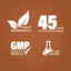 Graphic stating Finest Ingredients, 45 Years of Manufacturing, GMP Quality Product, Lab Tested