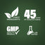 Graphic stating Finest Ingredients, 45 Years of Manufacturing, GMP Quality Product, Lab Tested