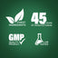 Infographic showcasing finest ingredients, 45 years of manufacturing, GMP quality, and lab-tested products.