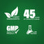 Infographic highlighting finest ingredients, 45 years of manufacturing, GMP quality product, and lab-tested assurance.