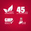 Infographic stating finest ingredients, 45 years of manufacturing, GMP quality product, and lab tested assurance.