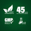 Graphic stating Finest Ingredients, 45 Years of Manufacturing, GMP Quality Product, Lab Tested