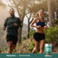 Adult man and woman jogging on a wooded trail with Brown Seaweed 2000 mg with Fucoxanthin supplement bottle shown in the foreground