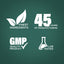 Graphic stating Finest Ingredients, 45 Years of Manufacturing, GMP Quality Product, Lab Tested