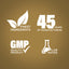 Graphic stating Finest Ingredients, 45 Years of Manufacturing, GMP Quality Product, Lab Tested