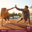 A young woman and man do push-ups and high-five on a running track beside a Circulation Complex bottle.