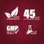 Infographic details finest ingredients, 45 years of manufacturing, GMP quality, and lab testing assurance.