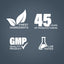 Graphic stating Finest Ingredients, 45 Years of Manufacturing, GMP Quality Product, Lab Tested