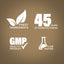 Graphic stating Finest Ingredients, 45 Years of Manufacturing, GMP Quality Product, Lab Tested