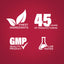 Graphic stating Finest Ingredients, 45 Years of Manufacturing, GMP Quality Product, Lab Tested