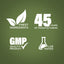 Graphic stating Finest Ingredients, 45 Years of Manufacturing, GMP Quality Product, Lab Tested