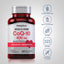 CoQ10 bottle with icons indicating gluten, wheat, milk, lactose, soy free, non-GMO, no artificial flavors, sweeteners, preservatives.