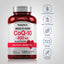 CoQ10 bottle with icons indicating gluten, wheat, milk, lactose, and soy free, non-GMO, and no artificial flavors or preservatives.