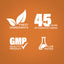 Infographic highlights finest ingredients, 45 years of manufacturing, GMP quality, and lab-tested assurance.