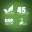 Infographic showcasing finest ingredients, 45 years of manufacturing, GMP quality product, and lab testing assurance.