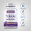 Probiotic bottle with icons indicating gluten-free, soy-free, non-GMO, no artificial flavors, colors, sweeteners, preservatives.