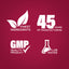 Infographic displaying: finest ingredients, 45 years of manufacturing, GMP quality product, lab tested assurance.