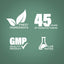 Infographic showcasing 45 years of manufacturing, finest ingredients, GMP quality product, and lab testing.