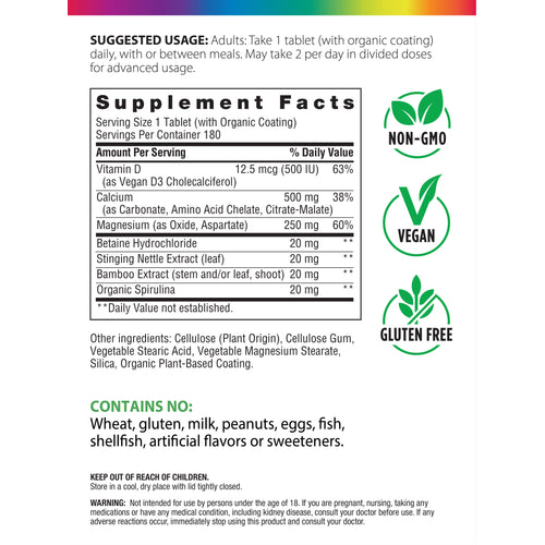 Calcium Magnesium and Vegan D3 + Real Food Nutrients, 180 Vegetarian Caplets
