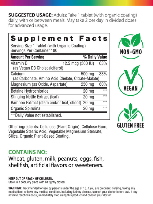 Calcium Magnesium and Vegan D3 + Real Food Nutrients, 180 Vegetarian Caplets