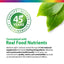 Infographic showing '45 YEARS QUALITY SCIENCE SUSTAINABILITY' logo, highlighting formulation with real food nutrients.