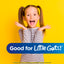 Smiling girl with pigtails, hands up, with a blue graphic saying 'Good for Little Guts!' promoting RN Kids Probiotic Gummy.