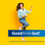 Smiling young woman with brown hair, in a light blue daisy cardigan and jeans, jumping on a yellow background, with a 'Good for your Gut!' banner.