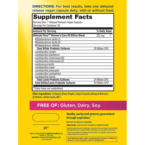 Ultimate Flora Women's Vaginal Care Probiotic 50 Billion, 30 Delayed Release Vegan Caps