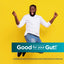 Young Black man jumping and smiling broadly with a blue and green banner stating 'Good for your Gut!'