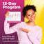 Young adult woman smiling, holding a calendar marked '15-Day Program' for CandiSmart Kit.
