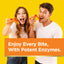 Young man and woman enjoying pizza, with a graphic saying 'Enjoy Every Bite, With Potent Enzymes'.