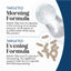 Instructions for Morning Formula (2 capsules) and Evening Formula (1-2 capsules) with capsules and a glass of water.