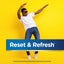 A young man in sunglasses dances with arms raised on a yellow background, beside a blue banner with 'Reset & Refresh' text.