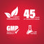 Infographic showing finest ingredients, 45 years of manufacturing, GMP quality product, and lab tested assurance.